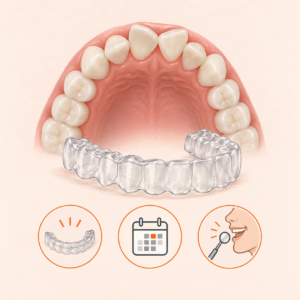 Clear removable retainer beside an upper dental arch with mildly shifted front teeth
