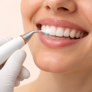 Air-polishing handpiece cleaning natural front teeth during a dental hygiene treatment